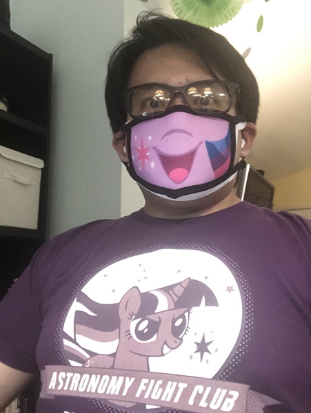 Size: 2320x3088 | Tagged: safe, artist:techycutie, derpibooru import, twilight sparkle, human, clothes, coronavirus, covid-19, cutie mark, face mask, irl, irl human, photo, redbubble, shirt