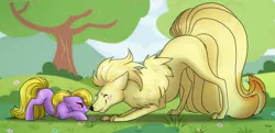 Size: 2736x1323 | Tagged: safe, artist:ali-selle, derpibooru import, oc, oc:flossy tail, earth pony, ninetales, blushing, crossover, cute, eyes closed, face down ass up, multiple tails, nuzzling, ocbetes, pokémon, tree