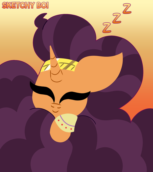 Size: 1600x1800 | Tagged: safe, artist:snakeythingy, derpibooru import, saffron masala, pony, unicorn, female, floofy mane, fluffy, gradient background, lineless, mare, onomatopoeia, poofy mane, sleeping, solo, sound effects, story included, zzz