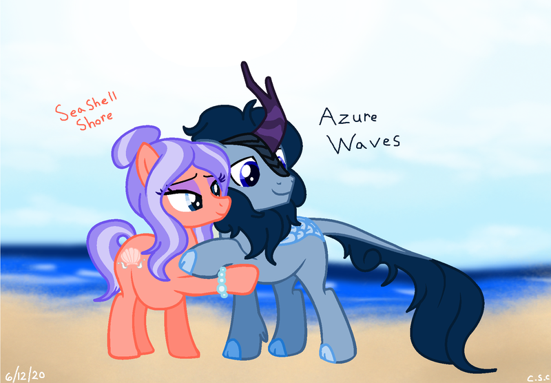 Size: 1768x1228 | Tagged: safe, artist:classicsonicchick, derpibooru import, oc, oc:azure waves, oc:seashell shore, earth pony, kirin, pony, base used, female, male, mare, pregnant