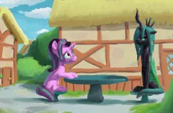 Size: 1280x838 | Tagged: safe, artist:gourdanimations, derpibooru import, queen chrysalis, starlight glimmer, changeling, changeling queen, pony, unicorn, a better ending for chrysalis, atg 2020, duo, female, grumpy, mare, newbie artist training grounds, ponyville, sitting, smiling, table