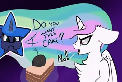 Size: 1256x847 | Tagged: safe, artist:llametsul, derpibooru import, princess celestia, princess luna, alicorn, pony, angry, atg 2020, bomb, cake, chest fluff, do not want, do you want this cake, ear fluff, female, food, hoof over mouth, horn, magic, magic aura, mare, newbie artist training grounds, prank, subtle as a train wreck, weapon, wings
