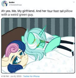 Size: 1881x1927 | Tagged: safe, artist:n in a, derpibooru import, bon bon, lyra heartstrings, sweetie drops, oc, oc:anon, earth pony, human, pony, unicorn, ah yes me my girlfriend and her x, bed, blanket, body pillow, bon bon is not amused, eyes closed, female, hug, human male, humie, lesbian, lyra doing lyra things, lyrabon, male, mare, meme, meta, pillow, pillow hug, shipping, sleeping, text, that pony sure does love humans, twitter, unamused, wife and wife
