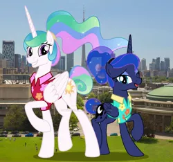 Size: 1280x1200 | Tagged: safe, artist:jhayarr23, artist:princesslunayay, derpibooru import, princess celestia, princess luna, alicorn, human, pony, between dark and dawn, canada, car, city, clothes, cute, cutelestia, deviantart, deviantart watermark, female, giant ponies in real life, giant pony, giantess, giantlestia, hawaiian shirt, highrise ponies, holiday, irl, irl human, lunabetes, macro, mega celestia, mega luna, obtrusive watermark, photo, ponies in real life, royal sisters, shirt, siblings, sisters, toronto, watermark