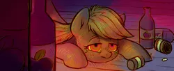 Size: 1322x541 | Tagged: semi-grimdark, artist:anonymous, derpibooru import, applejack, earth pony, pony, /mlp/, 4chan, alcohol, bloodshot eyes, bottle, drawthread, drug use, drugs, pills, sad, solo