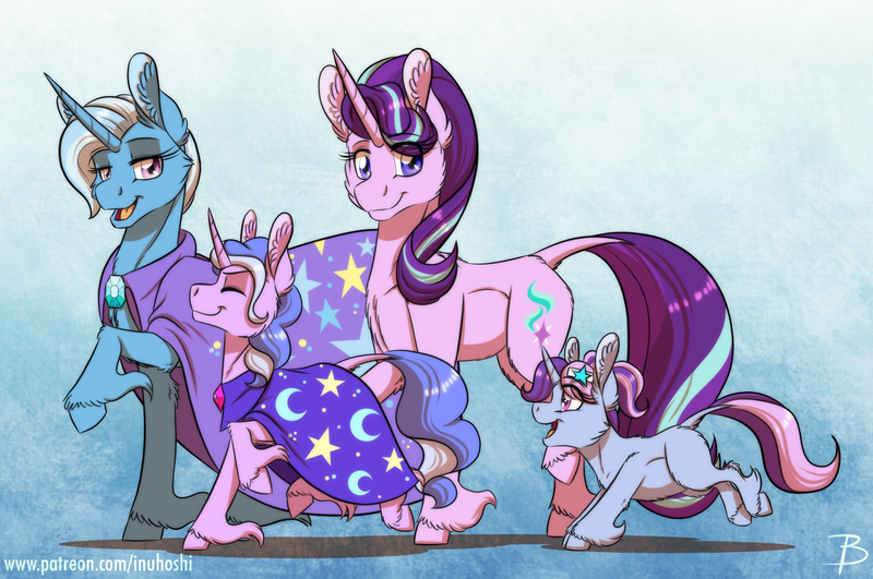 Size: 1616x1073 | Tagged: safe, artist:inuhoshi-to-darkpen, derpibooru import, starlight glimmer, trixie, oc, oc:mirage moon, oc:shooting star, pony, unicorn, cape, cheek fluff, clothes, ear fluff, eyes closed, female, filly, hat, hoof fluff, lesbian, magical lesbian spawn, mare, offspring, parent:starlight glimmer, parent:trixie, parents:startrix, raised hoof, shipping, startrix, trixie's cape, unshorn fetlocks