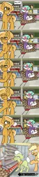 Size: 700x3108 | Tagged: safe, artist:cottonsweets, derpibooru import, applejack, granny smith, oc, oc:cottonsweets, oc:mareota, ponified, candy pony, cat, cat pony, earth pony, food pony, original species, pegasus, pony, unicorn, food, grocery store, meme, potato, shopping cart, this will end in death, this will end in tears, this will end in tears and/or death, to be continued