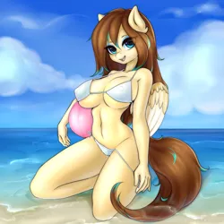 Size: 3000x3000 | Tagged: adorasexy, anthro, artist:yutakira92, ball, beach, belly button, big breasts, bikini, breasts, clothes, cute, derpibooru import, female, mare, oc, oc:amora bunny, pegasus, sexy, shore, sky, solo, solo female, suggestive, swimsuit, unofficial characters only