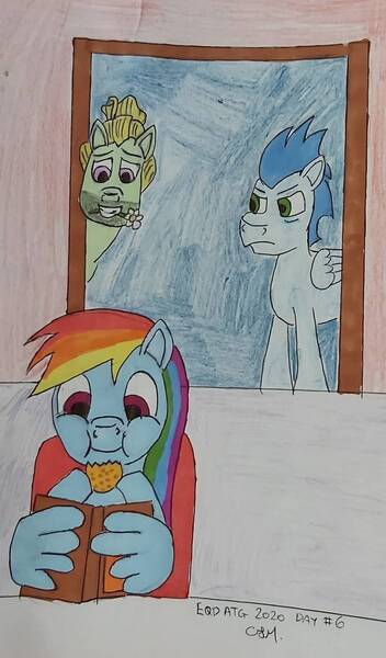 Size: 822x1403 | Tagged: safe, artist:rapidsnap, derpibooru import, rainbow dash, soarin', zephyr breeze, pegasus, pony, annoyed, cookie, exploitable meme, female, food, jealous soarin', male, meme, reading, reading rainbow, shipping, soarindash, straight, traditional art, wing hands, wings