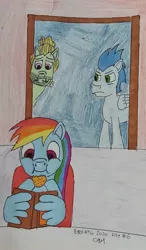 Size: 822x1403 | Tagged: safe, artist:rapidsnap, derpibooru import, rainbow dash, soarin', zephyr breeze, pegasus, pony, annoyed, cookie, exploitable meme, female, food, jealous soarin', male, meme, reading, reading rainbow, shipping, soarindash, straight, traditional art, wing hands, wings
