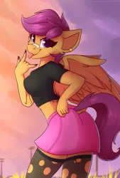 Size: 1350x2000 | Tagged: safe, artist:shadowreindeer, derpibooru import, scootaloo, anthro, pegasus, :p, bandaid, breasts, busty scootaloo, cheek fluff, clothes, cute, cutealoo, devil horn (gesture), dock, ear piercing, female, looking at you, looking back, looking back at you, mare, midriff, mlem, nail polish, older, older scootaloo, piercing, plaster, punk, rear view, ripped stockings, short shirt, silly, skirt, socks, solo, stockings, tattoo, thigh highs, tongue out, tramp stamp