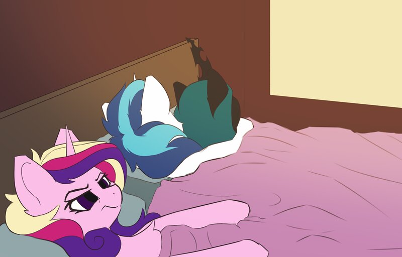 Size: 4096x2622 | Tagged: safe, artist:avery-valentine, derpibooru import, princess cadance, queen chrysalis, shining armor, alicorn, changeling, changeling queen, pony, unicorn, ah yes me my girlfriend and her x, annoyed, bed, cadance is not amused, cheek fluff, cuckolding, cuckquean, ear fluff, female, frown, glare, grumpy, husband and wife, image, infidelity, jpeg, lidded eyes, male, mare, meme, messy mane, shining armor is a goddamn moron, shining chrysalis, shipping, side, stallion, straight, unamused