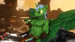 Size: 3840x2160 | Tagged: 3d, abs, alicorn, alicorn oc, anthro, anthro oc, artist:vladichslg, borderlands, bracelet, crossover, derpibooru import, fetish, green skin, horn, jewelry, male, muscle fetish, muscles, nipples, nudity, oc, oc:green hit, partial nudity, safe, source filmmaker, vehicle, vein, weapon, wings