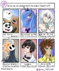 Size: 1005x1200 | Tagged: safe, artist:dra-aluxe, derpibooru import, princess luna, alicorn, bear, human, panda, pony, six fanarts, clothes, crossover, devil may cry, female, heterochromia, hollow knight, ice bear, jewelry, male, mare, open mouth, panda (we bare bears), pandora hearts, peytral, s1 luna, saint seiya, smiling, tiara, waving, we bare bears, white alice