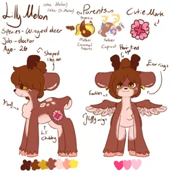 Size: 1024x1024 | Tagged: artist:pugbrainey, body markings, brown mane, chubby, colored hooves, colored wings, cutie mark, deer, deer pony, derpibooru import, ear piercing, earring, fluffy, jewelry, oc, oc:lilly melon, original species, parent:capricot, parent:caramel hearts, peryton, piercing, reference sheet, safe, simple background, white background, wings
