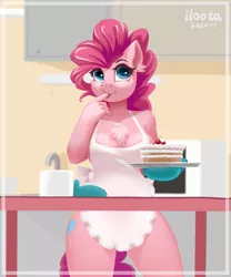 Size: 833x1000 | Tagged: suggestive, artist:iloota, derpibooru import, pinkie pie, anthro, earth pony, adorasexy, apron, breasts, cake, chest fluff, clothes, cute, female, food, kitchen, licking, licking fingers, mare, naked apron, nudity, oven mitts, sexy, solo, solo female, tongue out