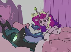 Size: 1034x762 | Tagged: safe, artist:jargon scott, derpibooru import, princess cadance, queen chrysalis, shining armor, alicorn, changeling, changeling queen, pony, unicorn, ah yes me my girlfriend and her x, bed, bed mane, bisexual, chrysarmordance, cover, female, glowing eyes, horn, horn guard, lesbian, male, meme, polyamory, ponified meme, shipping, shit eating grin, straight, tennis ball, this will end in death, this will end in pain, this will not end well