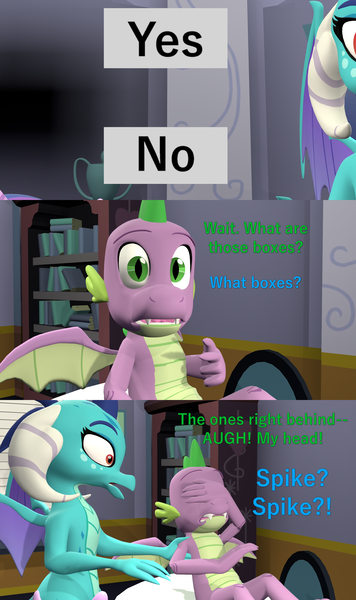 Size: 1920x3240 | Tagged: 3d, artist:papadragon69, choice, comic, comic:spike's cyosa, cyoa, derpibooru import, dialogue, dragon, emberspike, female, fourth wall, he knows, looking at you, male, no, offscreen character, older, older spike, pov, princess ember, safe, school of friendship, sfm pony, shipping, source filmmaker, spike, straight, teenager, teenage spike, uh oh, winged spike, yes