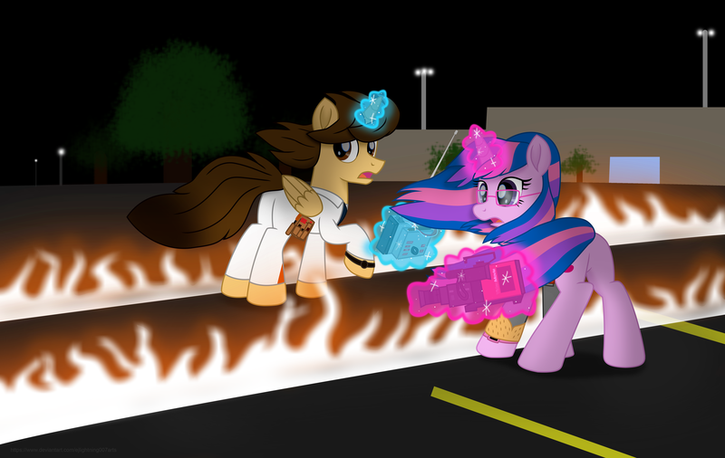 Size: 7000x4430 | Tagged: alicorn, alternate version, artist:ejlightning007arts, back to the future, building, butt, camera, clothes, crossover, derpibooru import, doc brown, fire, glasses, magic, marty mcfly, oc, oc:ej, oc:hsu amity, parking lot, plot, remote control, safe, streetlight, telekinesis, tree, unofficial characters only