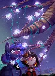 Size: 700x969 | Tagged: safe, artist:crybaby, derpibooru import, princess luna, oc, oc:moonshine, alicorn, unicorn, armor, blushing, breastplate, collar, crown, cute, dusk, flannel, flannel shirt, glowing flower, jewelry, looking up, magic, regalia, shipping, wholesome