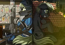Size: 3420x2380 | Tagged: semi-grimdark, artist:singovih, derpibooru import, oc, unofficial characters only, earth pony, pony, armor, barrett, blood, fire, future, male, map, nano, ruins, scared, soldier, soldier pony, stallion, war, weapon