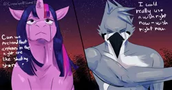 Size: 3459x1811 | Tagged: safe, artist:cinnawaffsama, derpibooru import, twilight sparkle, bird, blue jay, pony, unicorn, aeroplanes and meteor showers, airplanes (song), b.o.b., crossover, crossover shipping, crying, dialogue, female, hayley williams, lyrics, male, mare, meme, mordecai, mordetwi, muscles, night, redraw mordetwi meme, regular show, sad, shipping, song reference, stars, straight, teary eyes, text, unicorn twilight