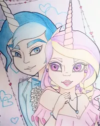 Size: 1080x1350 | Tagged: safe, artist:eli.moon.378, derpibooru import, princess cadance, shining armor, human, bowtie, bust, clothes, female, heart eyes, horn, horned humanization, humanized, jewelry, male, necklace, straight, traditional art, wingding eyes