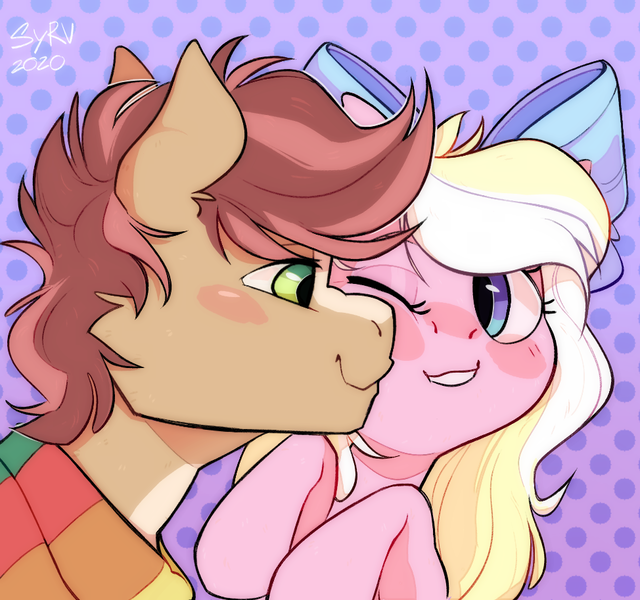 Size: 974x913 | Tagged: safe, artist:survya, derpibooru import, oc, oc:bay breeze, oc:pitch pine, unofficial characters only, earth pony, pegasus, blaze (coat marking), blushing, bow, clothes, cute, female, hair bow, kissing, kiss on the cheek, male, mare, one eye closed, scarf, shipping, simple background, stallion