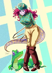 Size: 2335x3260 | Tagged: safe, artist:traupa, derpibooru import, gummy, pinkie pie, alligator, human, equestria girls, arm behind back, breasts, busty pinkie pie, clothes, cosplay, costume, crossover, diego brando, grin, hat, jojo's bizarre adventure, smiling, steel ball run, tail, whip