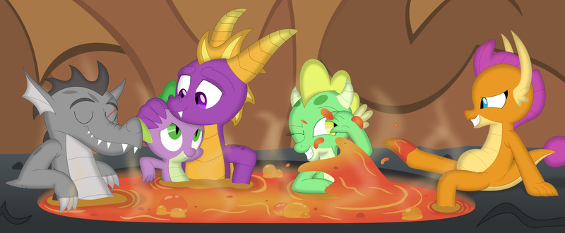 Size: 3572x1475 | Tagged: artist:porygon2z, belly, big belly, crossover, derpibooru import, dragon, dragoness, female, implied weight gain, lava, lava bathing, male, oc, oc:draco axel, oc:jade, safe, smolder, spike, spyro the dragon