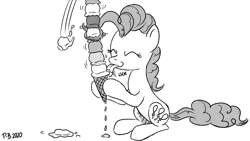 Size: 1200x675 | Tagged: safe, artist:pony-berserker, derpibooru import, pinkie pie, earth pony, pony, eyes closed, female, food, ice cream, mare, monochrome, pony-berserker's twitter sketches, sketch, smiling, stippling, tongue out