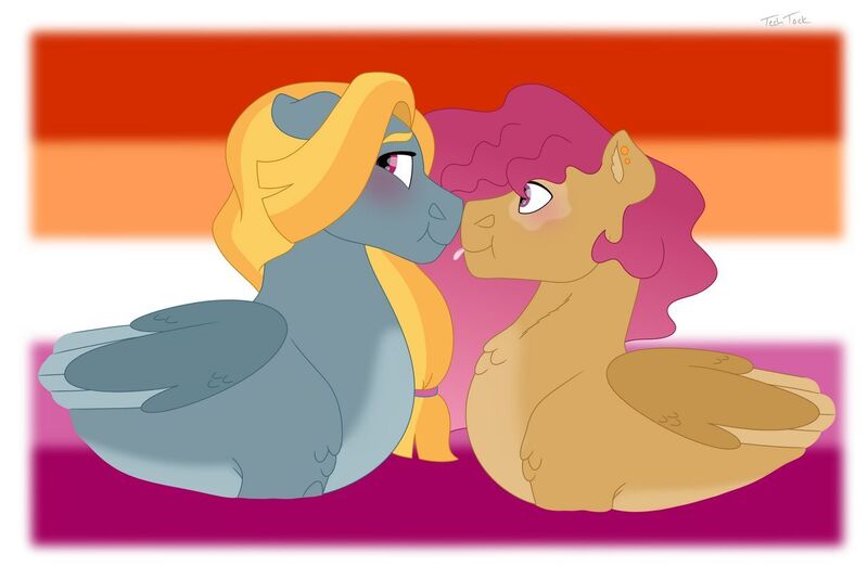 Size: 1280x854 | Tagged: safe, artist:itstechtock, derpibooru import, oc, oc:autumn storm, oc:hot spot, unofficial characters only, pony, blushing, boop, female, lesbian, magical gay spawn, mare, noseboop, offspring, offspring shipping, parent:rainbow dash, parent:thunderlane, parent:trenderhoof, parent:zephyr breeze, parents:thunderdash, parents:trenderbreeze, pride flag