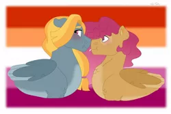 Size: 1280x854 | Tagged: safe, artist:itstechtock, derpibooru import, oc, oc:autumn storm, oc:hot spot, unofficial characters only, pony, blushing, boop, female, lesbian, magical gay spawn, mare, noseboop, offspring, offspring shipping, parent:rainbow dash, parent:thunderlane, parent:trenderhoof, parent:zephyr breeze, parents:thunderdash, parents:trenderbreeze, pride flag