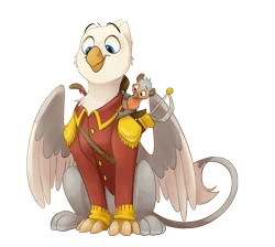 Size: 3276x2935 | Tagged: safe, artist:luximus17, derpibooru import, oc, oc:der, oc:thumbtack, gryphon, birds doing bird things, clothes, cute, fitting, griffon oc, homie, rapier, simple background, small, smol, sword, transparent background, uniform, weapon