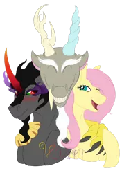 Size: 1024x1451 | Tagged: safe, artist:vchart920, derpibooru import, discord, fluttershy, king sombra, draconequus, pegasus, unicorn, bisexual, bust, curved horn, discoshy, eyes closed, female, fluttershy gets all the stallions, horn, hug, male, mare, one eye closed, open mouth, polyamory, shipping, simple background, smiling, sombra eyes, sombrashy, stallion, straight, transparent background, wink