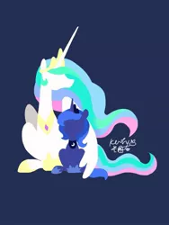 Size: 939x1252 | Tagged: safe, artist:katy1125138606, derpibooru import, princess celestia, princess luna, alicorn, pony, blue background, duo, female, hug, lineless, mare, minimalist, modern art, profile, royal sisters, s1 luna, siblings, simple background, sisters, sitting, winghug