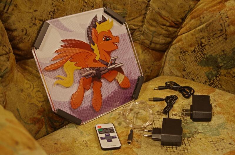 Size: 1600x1060 | Tagged: acrylic plastic, acrylight, artist:nancy-05, artist:vasgotec, battle saddle, craft, derpibooru import, engraving, fallout equestria, foe, led, nightlight, oc, oc:calamity, pegasus, printlight, safe