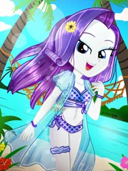Size: 1800x2400 | Tagged: safe, artist:artmlpk, derpibooru import, rarity, equestria girls, adorable face, adorasexy, adorkable, beach, beautiful, bikini, bow, bracelet, clothes, cute, design, digital art, dork, female, flower, flower in hair, garter, hair, jewelry, lidded eyes, looking at you, ocean, open mouth, outfit, palm tree, plant, raribetes, scrunchie, sexy, smiley face, smiling, smiling at you, solo, summer, sunflare, sunflower, swimsuit, tree, two piece swimsuit