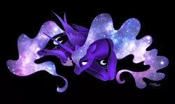 Size: 800x477 | Tagged: safe, artist:limelight-night, derpibooru import, princess luna, alicorn, pony, black background, ethereal mane, female, floppy ears, galaxy mane, glowing eyes, mare, ponyloaf, prone, simple background, solo