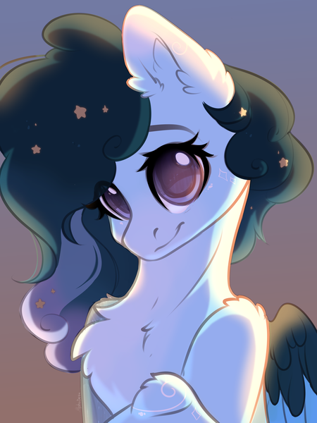 Size: 2048x2732 | Tagged: safe, artist:alphadesu, derpibooru import, oc, oc:stellar constellation, unofficial characters only, pegasus, pony, chest fluff, cute, ear fluff, ethereal mane, eye clipping through hair, female, high res, ocbetes, starry mane, stellarbetes (oc), two toned wings, wings