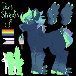 Size: 1000x1000 | Tagged: safe, artist:lepiswerid, derpibooru import, oc, oc:dark streaks, unofficial characters only, pegasus, pony, black background, colored hooves, colored wings, cutie mark, demisexual, demisexual pride flag, feathered fetlocks, height difference, male, marsverse, offspring, parent:rainbow dash, parent:soarin', parents:soarindash, pride, pride flag, reference, reference sheet, simple background, solo, stallion, tail feathers, text, winged hooves, wings