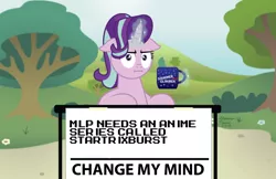 Size: 1024x662 | Tagged: safe, artist:aleximusprime, artist:mega-poneo, derpibooru import, edit, starlight glimmer, pony, unicorn, marks for effort, :i, anime, change my mind, coffee mug, female, floppy ears, i mean i see, magic, mare, meme, mug, solo, telekinesis