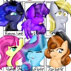 Size: 450x450 | Tagged: artist needed, safe, derpibooru import, derpy hooves, fluttershy, princess luna, oc, oc:dark moon, oc:isabelle, oc:snowflake, alicorn, earth pony, pegasus, pony, six fanarts, :p, alicorn oc, bust, earth pony oc, eyes closed, female, hat, horn, mare, one eye closed, smiling, tongue out, wings, wink