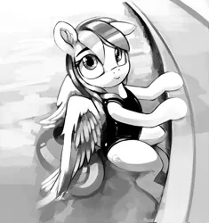 Size: 2500x2655 | Tagged: safe, artist:dimfann, derpibooru import, rainbow dash, pegasus, semi-anthro, backwards cutie mark, clothes, cute, dashabetes, female, grayscale, looking at you, looking up, mare, monochrome, one-piece swimsuit, smiling, solo, swimming pool, swimsuit