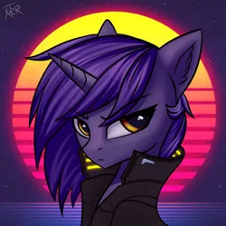Size: 3000x3000 | Tagged: safe, artist:xanter, derpibooru import, oc, oc:starlet soul, unofficial characters only, pony, unicorn, bust, clothes, cyberpunk, ear fluff, eye reflection, female, high res, image, mare, neon, png, portrait, reflection, solo, sunset, synthwave