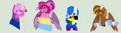 Size: 3004x820 | Tagged: safe, artist:circuspaparazzi5678, derpibooru import, oc, oc:coraline, oc:delilah dusk, oc:krispy star, oc:tiffany stars, bat pony, earth pony, pegasus, pony, base used, bisexual, bisexual pride flag, female, male, pansexual, pansexual pride flag, pride, pride flag, pride month, pride ponies, red nose, reindeer pony, straight, straight ally, straight ally flag, transgender, transgender pride flag