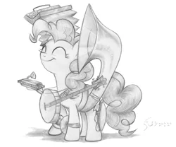Size: 2981x2475 | Tagged: safe, artist:flutterstormreturns, derpibooru import, pinkie pie, earth pony, pony, swarm of the century, accordion, banjo, cymbals, eyes closed, female, harmonica, mare, monochrome, musical instrument, one-pony band, pencil drawing, proud, scene interpretation, simple background, smiling, solo, sousaphone, tambourine, traditional art, white background
