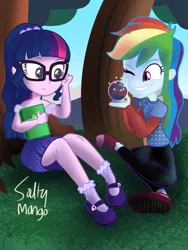 Size: 1536x2048 | Tagged: safe, artist:saltymango, derpibooru import, rainbow dash, sci-twi, twilight sparkle, equestria girls, alternate clothes, alternate hairstyle, book, clothes, confused, converse, cute, dashabetes, digital art, glasses, grass, leggings, mary janes, mountain, one eye closed, shoes, skirt, smiling, snow globe