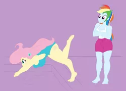 Size: 2142x1542 | Tagged: safe, artist:necrofeline, derpibooru import, fluttershy, rainbow dash, bat pony, human, equestria girls, 2010s, 2019, barefoot, board shorts, breasts, busty fluttershy, clothes, commission, crossed arms, diving, duo, duo female, feet, female, flutterbat, hairclip, happy, lavender background, one-piece swimsuit, race swap, shorts, simple background, sketched background, smiling, standing, swimming pool, swimsuit, tanktop, weight gain sequence