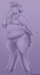 Size: 523x969 | Tagged: suggestive, artist:cottoncloudy, derpibooru import, oc, oc:frosty cake, unofficial characters only, anthro, earth pony, anthro oc, belly button, bra, breasts, chubby, clothes, delicious flat chest, dreadlocks, fat, monochrome, panties, sketch, solo, thick, thighs, thunder thighs, transgender, trans girl, underwear